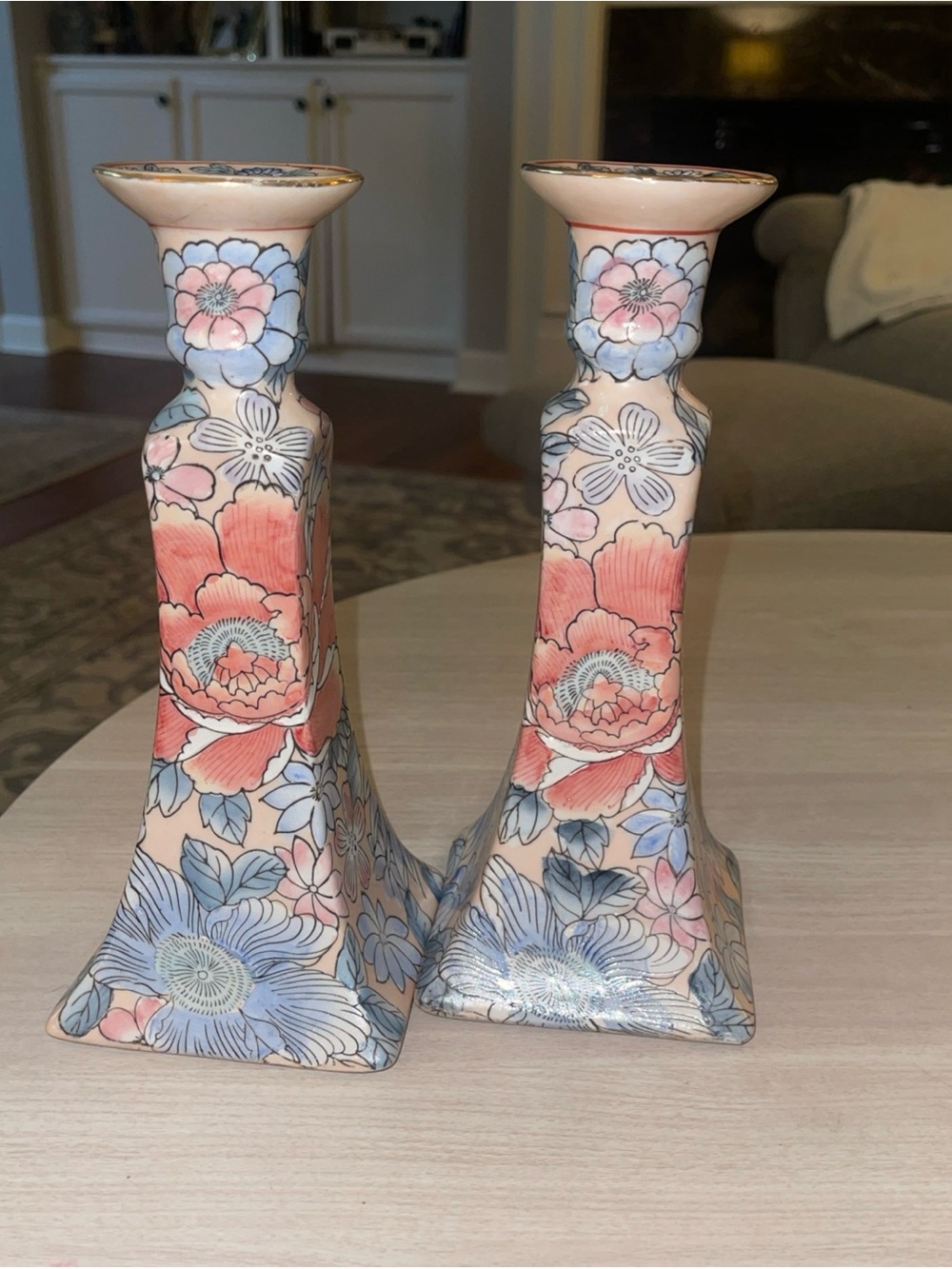 Pair of Floral Ceramic Candle Holders in Pink & Blue with Gold Trim